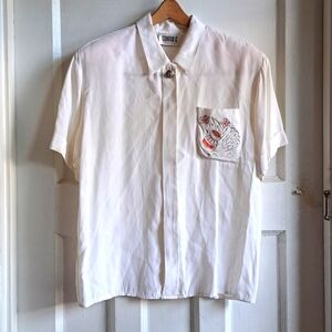 Vintage Size M Short Sleeve Button Down - Cream Blouse With Shoulder Pads